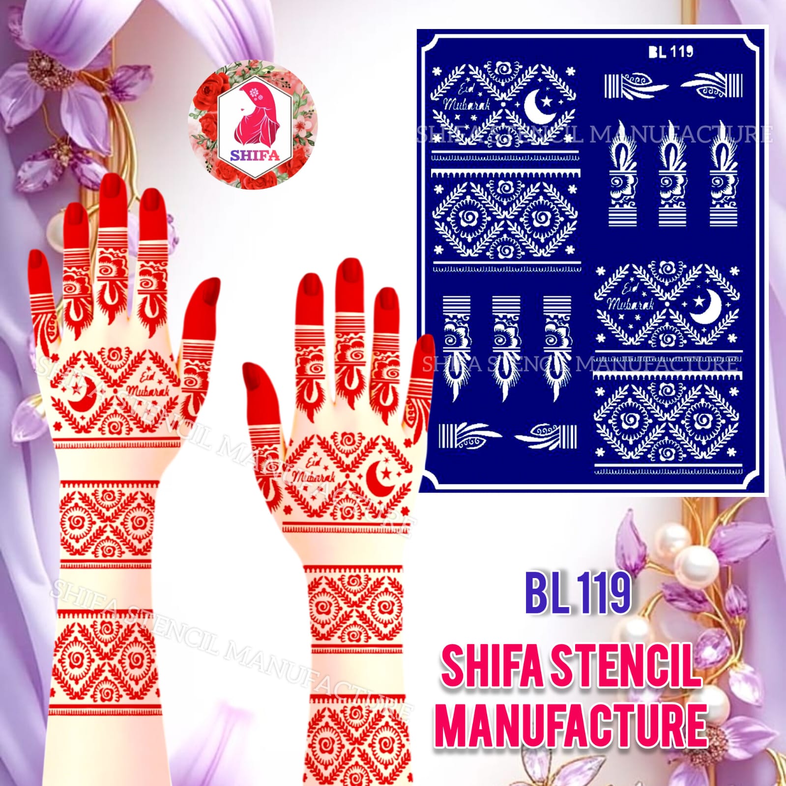 BL119 Mehtab Noor Festive Henna Double Hand Henna Stencil - Shifa Stencil